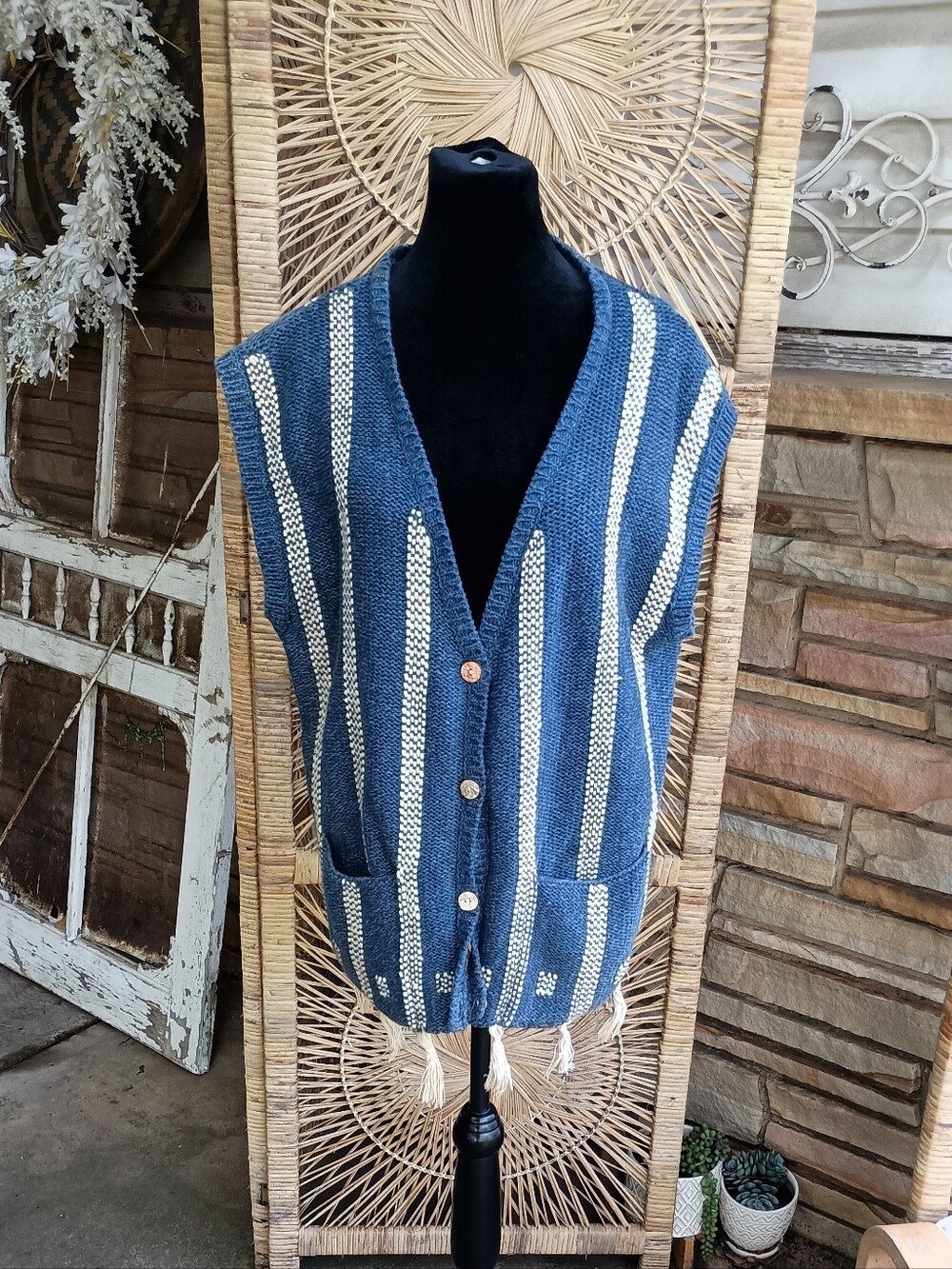 Vintage Style New York Blue Striped Knit Vest with Tassel Hem